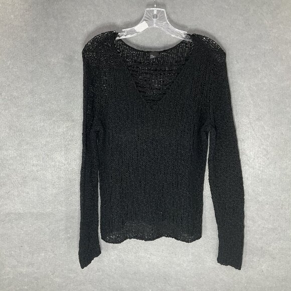 The Fisher Project‎ Sweater Women Sz L Italian Yarn Black Open Knit V-Neck Open - Picture 1 of 10